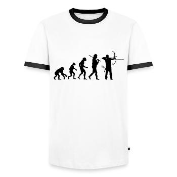 Evolution Bogenschießen - Männer Kontrast-T-Shirt - Weiß/Schwarz - Vorne - AI Model Female 172 light (172cm) & AI Model Male 178 dark (178cm)