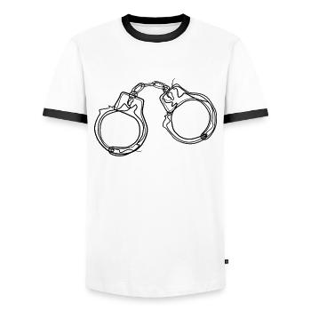 Handcuffs - one line drawing - Men's Ringer Shirt - white/black - Front - AI Model Female 172 light (172cm) & AI Model Male 178 dark (178cm)