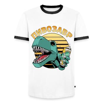 Russian Cyrillic пивозавр beer loving dino - Men's Ringer Shirt - white/black - Front - AI Model Female 172 light (172cm) & AI Model Male 178 dark (178cm)