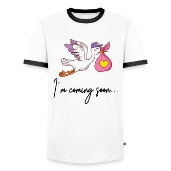 I’m Coming Soon Grossesse Bébé Naissance - T-shirt contrasté Homme - blanc/noir - Devant - AI Model Female 172 light (172cm) & AI Model Male 178 dark (178cm)