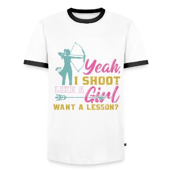 Bogenschütze ja Ich schieße wie ein Mädchen wollen eine Lektion - Männer Kontrast-T-Shirt - Weiß/Schwarz - Vorne - AI Model Female 172 light (172cm) & AI Model Male 178 dark (178cm)