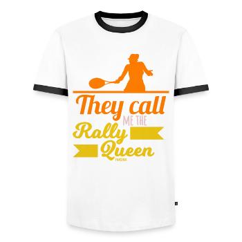 They Call Me The Rally Queen - Men's Ringer Shirt - white/black - Front - AI Model Female 172 light (172cm) & AI Model Male 178 dark (178cm)