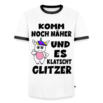 Einhorn - Komm Noch Näher Und Es Klatscht Glitzer - Männer Kontrast-T-Shirt - Weiß/Schwarz - Vorne - AI Model Female 172 light (172cm) & AI Model Male 178 dark (178cm)
