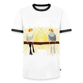 Nymphensittich Zwei Nymphensittiche - Männer Kontrast-T-Shirt - Weiß/Schwarz - Vorne - AI Model Female 172 light (172cm) & AI Model Male 178 dark (178cm)