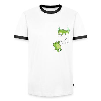 Cottagecore Aesthetic Kawaii Frog in a Pocket - Men's Ringer Shirt - white/black - Front - AI Model Female 172 light (172cm) & AI Model Male 178 dark (178cm)