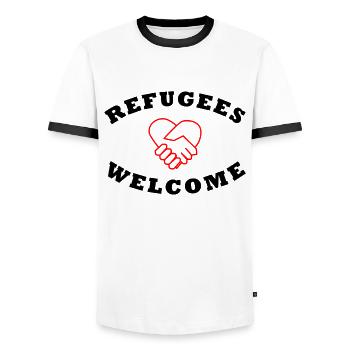 Refugees Welcome - Flüchtlinge Willkommen - Männer Kontrast-T-Shirt - Weiß/Schwarz - Vorne - AI Model Female 172 light (172cm) & AI Model Male 178 dark (178cm)
