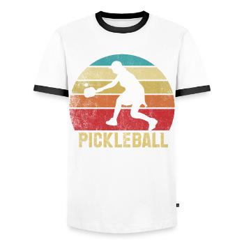 Pickleball Silhouette, Retro Style, Vintage Style, - Men's Ringer Shirt - white/black - Front - AI Model Female 172 light (172cm) & AI Model Male 178 dark (178cm)