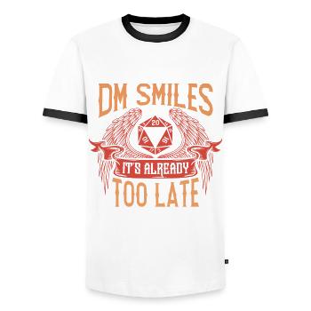 When the DM smiles, it's already too late RPG - Men's Ringer Shirt - white/black - Front - AI Model Female 172 light (172cm) & AI Model Male 178 dark (178cm)