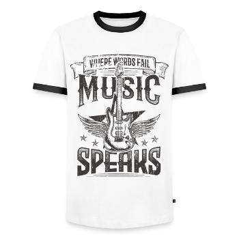 Music Speaks Hard Rock Music Rocker Band Gitarre - Männer Kontrast-T-Shirt - Weiß/Schwarz - Vorne - AI Model Female 172 light (172cm) & AI Model Male 178 dark (178cm)