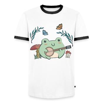 Cottagecore Aesthetic Kawaii Frog Plays Banjo - Men's Ringer Shirt - white/black - Front - AI Model Female 172 light (172cm) & AI Model Male 178 dark (178cm)