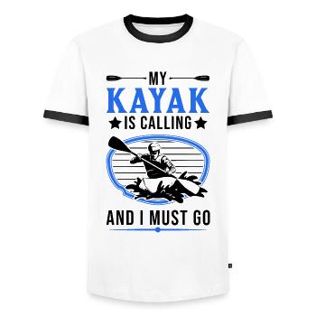 My kayak is calling Kajak Kajakfahrer - Männer Kontrast-T-Shirt - Weiß/Schwarz - Vorne - AI Model Female 172 light (172cm) & AI Model Male 178 dark (178cm)
