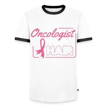 My Oncologist Does My Hair Breast Cancer - Men's Ringer Shirt - white/black - Front - AI Model Female 172 light (172cm) & AI Model Male 178 dark (178cm)