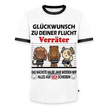 Glückwunsch zur Flucht Verräter - Jobwechsel - Männer Kontrast-T-Shirt - Weiß/Schwarz - Vorne - AI Model Female 172 light (172cm) & AI Model Male 178 dark (178cm)