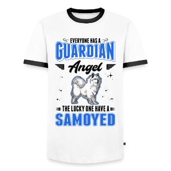 Samoyed Guardian Angel Sled Dog - Men's Ringer Shirt - white/black - Front - AI Model Female 172 light (172cm) & AI Model Male 178 dark (178cm)