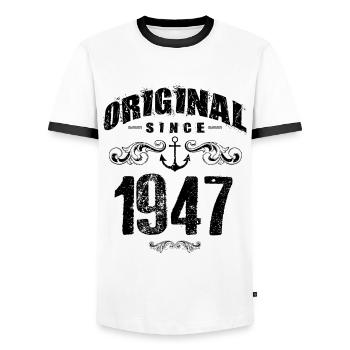 1947 original since - Men's Ringer Shirt - white/black - Front - AI Model Female 172 light (172cm) & AI Model Male 178 dark (178cm)