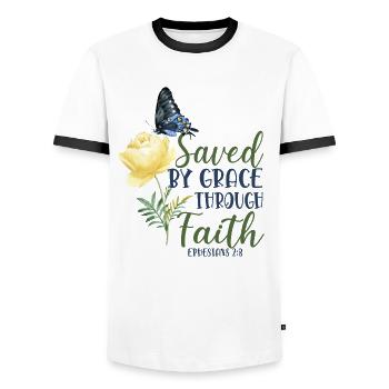 Christian Bible Verse Butterfly - Männer Kontrast-T-Shirt - Weiß/Schwarz - Vorne - AI Model Female 172 light (172cm) & AI Model Male 178 dark (178cm)