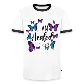 Christian Bible Verse Butterfly I - Männer Kontrast-T-Shirt - Weiß/Schwarz - Vorne - AI Model Female 172 light (172cm) & AI Model Male 178 dark (178cm)