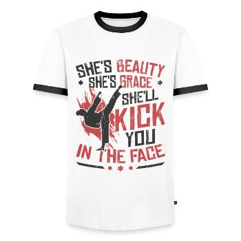 Karaté fille aime le karaté - T-shirt contrasté Homme - blanc/noir - Devant - AI Model Female 172 light (172cm) & AI Model Male 178 dark (178cm)