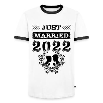 Juste marié 2022 - T-shirt contrasté Homme - blanc/noir - Devant - AI Model Female 172 light (172cm) & AI Model Male 178 dark (178cm)