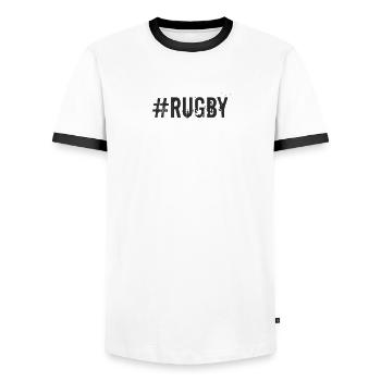Rugby - #Rugby - Men's Ringer Shirt - white/black - Front - AI Model Female 172 light (172cm) & AI Model Male 178 dark (178cm)