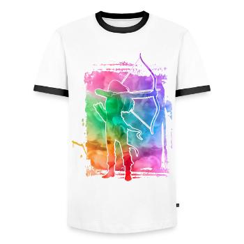Bogenschießen - Männer Kontrast-T-Shirt - Weiß/Schwarz - Vorne - AI Model Female 172 light (172cm) & AI Model Male 178 dark (178cm)