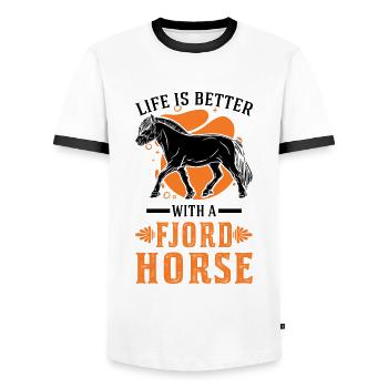 La vie est meilleure avec un Fjord Horse Fjordpferd - T-shirt contrasté Homme - blanc/noir - Devant - AI Model Female 172 light (172cm) & AI Model Male 178 dark (178cm)