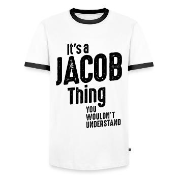C’est un drôle d’anniversaire personnalisé Jacob Thing - T-shirt contrasté Homme - blanc/noir - Devant - AI Model Female 172 light (172cm) & AI Model Male 178 dark (178cm)