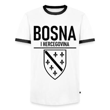 Bosna I Hercegovina Home Coat of Arms - Men's Ringer Shirt - white/black - Front - AI Model Female 172 light (172cm) & AI Model Male 178 dark (178cm)