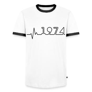 Heartbeat Minimal Birthday Vintage 1974 Line - Men's Ringer Shirt - white/black - Front - AI Model Female 172 light (172cm) & AI Model Male 178 dark (178cm)