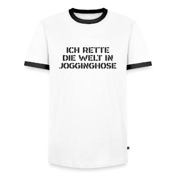 Rehasport - Ich rette die Welt in Jogginghose - Männer Kontrast-T-Shirt - Weiß/Schwarz - Vorne - AI Model Female 172 light (172cm) & AI Model Male 178 dark (178cm)