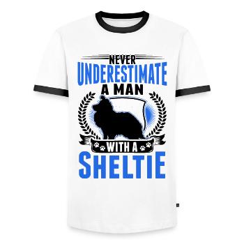 Sheltie Mann Shetland Sheepdog - Men's Ringer Shirt - white/black - Front - AI Model Female 172 light (172cm) & AI Model Male 178 dark (178cm)