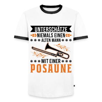 Posaune Alter Mann Posaunenspieler Posaunist - Männer Kontrast-T-Shirt - Weiß/Schwarz - Vorne - AI Model Female 172 light (172cm) & AI Model Male 178 dark (178cm)