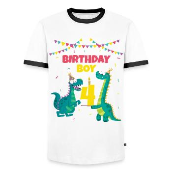Anniversaire Enfant 4 Dinosaure T-rex Dino Lover - T-shirt contrasté Homme - blanc/noir - Devant - AI Model Female 172 light (172cm) & AI Model Male 178 dark (178cm)