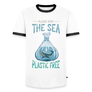 Keep the sea plastic-free for the climate - Men's Ringer Shirt - white/black - Front - AI Model Female 172 light (172cm) & AI Model Male 178 dark (178cm)