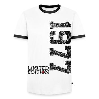 49TH BIRTHDAY 49 YEARS LIMITED EDITION 1977 - Men's Ringer Shirt - white/black - Front - AI Model Female 172 light (172cm) & AI Model Male 178 dark (178cm)
