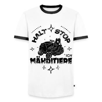 Rasentraktor Rasenmäher Halt Stop Ich Mähditiere - Männer Kontrast-T-Shirt - Weiß/Schwarz - Vorne - AI Model Female 172 light (172cm) & AI Model Male 178 dark (178cm)
