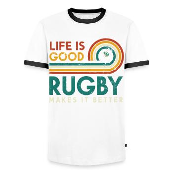 Life is good. Rugby makes it better - Men's Ringer Shirt - white/black - Front - AI Model Female 172 light (172cm) & AI Model Male 178 dark (178cm)