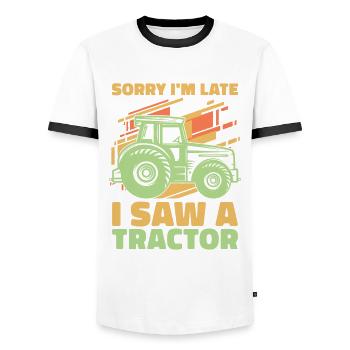 J’ai vu un tracteur dans une ferme - T-shirt contrasté Homme - blanc/noir - Devant - AI Model Female 172 light (172cm) & AI Model Male 178 dark (178cm)