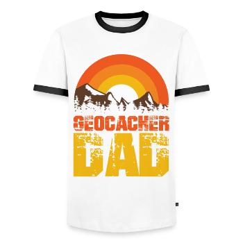 Geocaching-cache-jagd, The Funny Geocacher - Men's Ringer Shirt - white/black - Front - AI Model Female 172 light (172cm) & AI Model Male 178 dark (178cm)