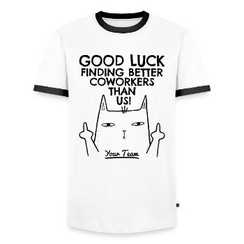 Cadeau d’adieu Collègue Changement d’emploi Adieu Chat - T-shirt contrasté Homme - blanc/noir - Devant - AI Model Female 172 light (172cm) & AI Model Male 178 dark (178cm)