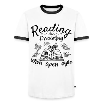 Reading is dreaming with open eyes I Library Book - Men's Ringer Shirt - white/black - Front - AI Model Female 172 light (172cm) & AI Model Male 178 dark (178cm)