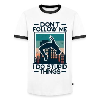 Parkour Freerunning Parkour Runner Ne me suivez pas - T-shirt contrasté Homme - blanc/noir - Devant - AI Model Female 172 light (172cm) & AI Model Male 178 dark (178cm)
