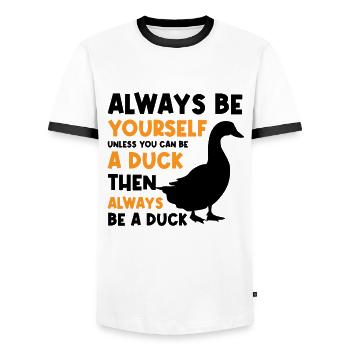 Drôle de canard disant design toujours être canard - T-shirt contrasté Homme - blanc/noir - Devant - AI Model Female 172 light (172cm) & AI Model Male 178 dark (178cm)