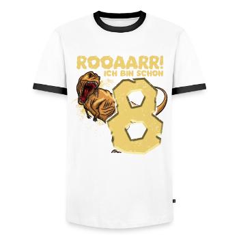 Attention I am 8, dinosaur - Men's Ringer Shirt - white/black - Front - AI Model Female 172 light (172cm) & AI Model Male 178 dark (178cm)