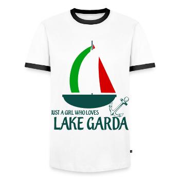 Gardasee Lake Garda Girl Lago di Garda - Men's Ringer Shirt - white/black - Front - AI Model Female 172 light (172cm) & AI Model Male 178 dark (178cm)