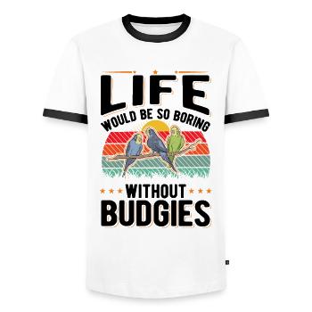 Budgerigar Gift Welli Parakeet - Men's Ringer Shirt - white/black - Front - AI Model Female 172 light (172cm) & AI Model Male 178 dark (178cm)