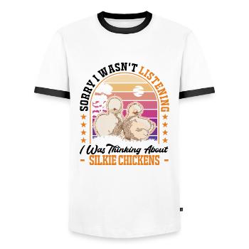 Silk Chicken Gift Silke Chicken - Men's Ringer Shirt - white/black - Front - AI Model Female 172 light (172cm) & AI Model Male 178 dark (178cm)