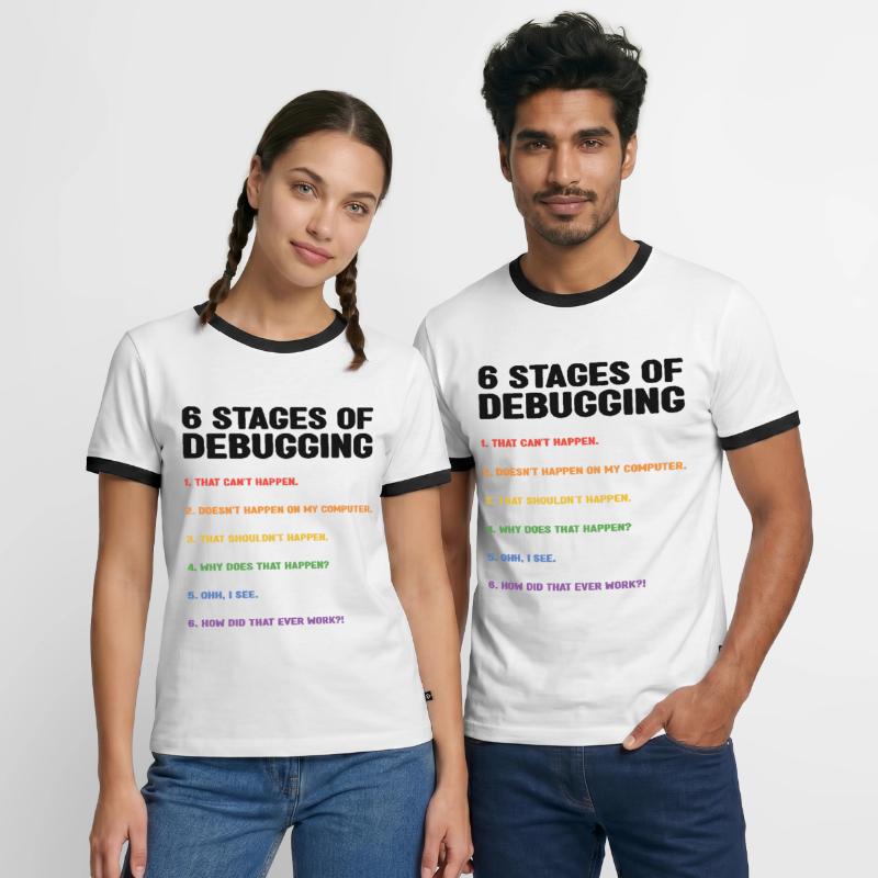 6 Stages Of Debugging Coder Programmer Software De Männer Kontrast-T-Shirt