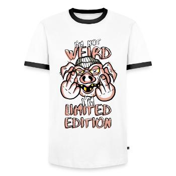 Cartoon Pig with Middle Finger - Limited Edition - Men's Ringer Shirt - white/black - Front - AI Model Female 172 light (172cm) & AI Model Male 178 dark (178cm)