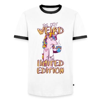 Cartoon Unicorn with Coffee Cup - Limited Edition - Men's Ringer Shirt - white/black - Front - AI Model Female 172 light (172cm) & AI Model Male 178 dark (178cm)